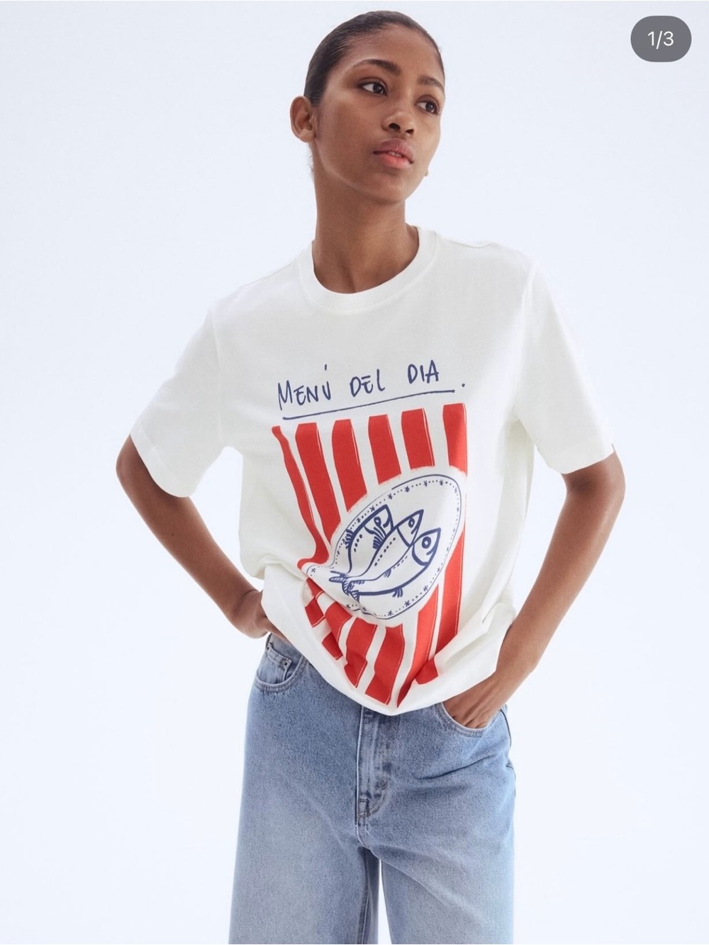 H&M Graphic 'Menu del Dia' Fish Stripe Tee - White & Red size M. EUC